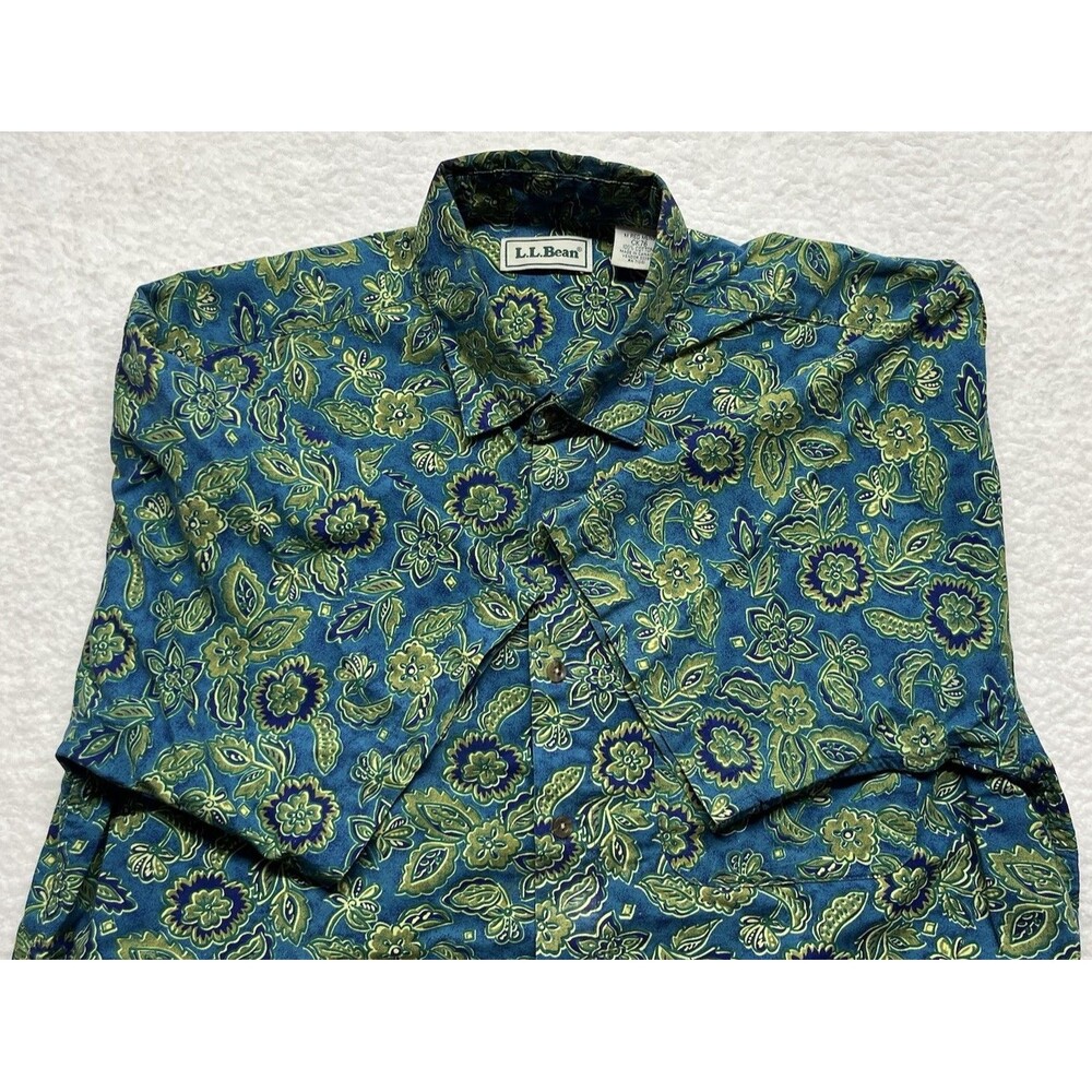 VTG LL Bean Mens M Teal Floral Paisley Cotton Short Sleeve Button Down Shirt 90s